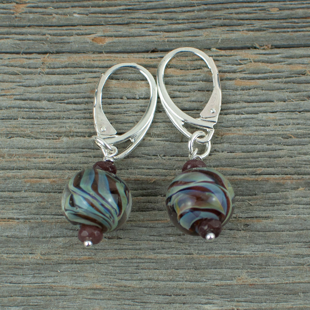 Mahogany striped borosilicate glass and silver earrings
