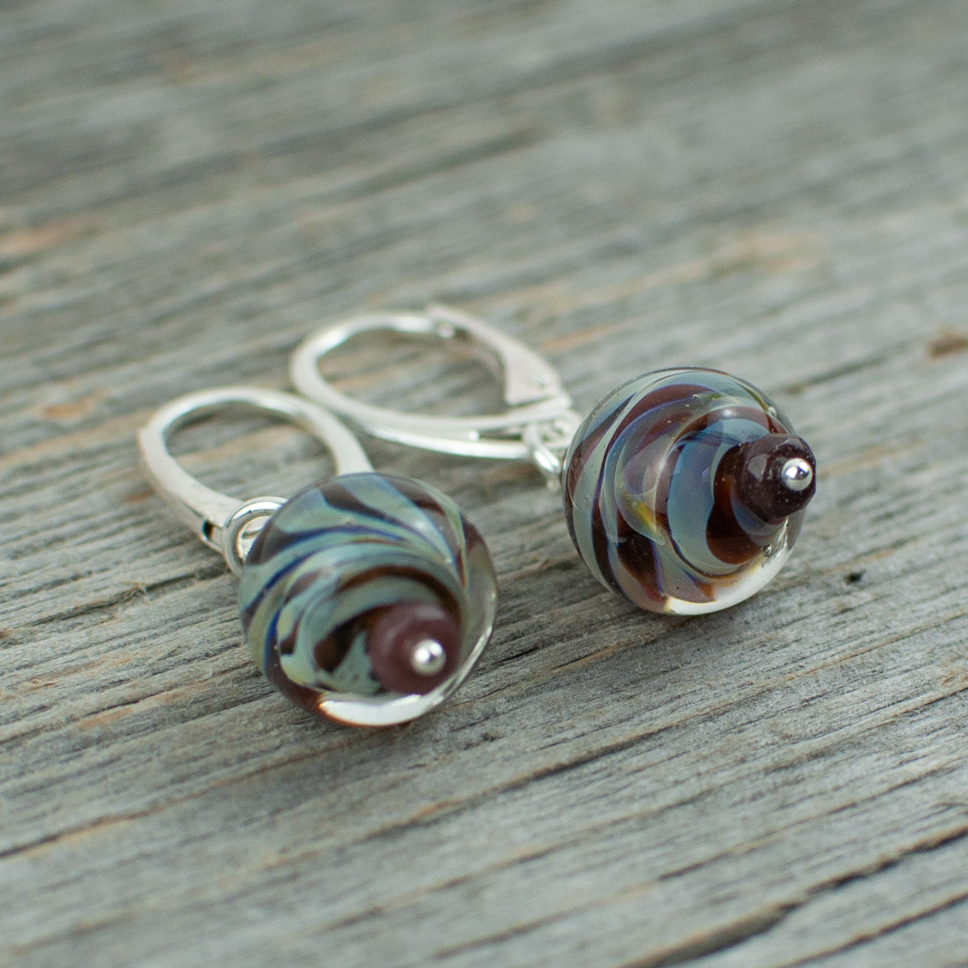 Mahogany striped borosilicate glass and silver earrings
