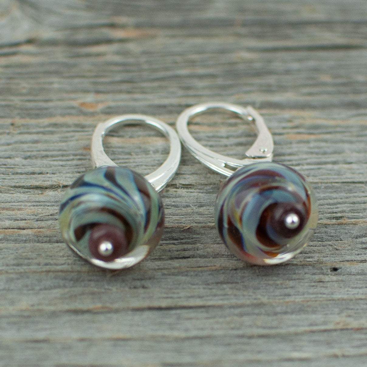 Mahogany striped borosilicate glass and silver earrings