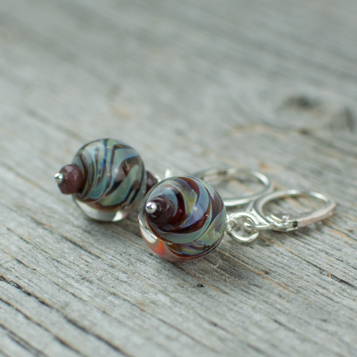 Mahogany striped borosilicate glass and silver earrings