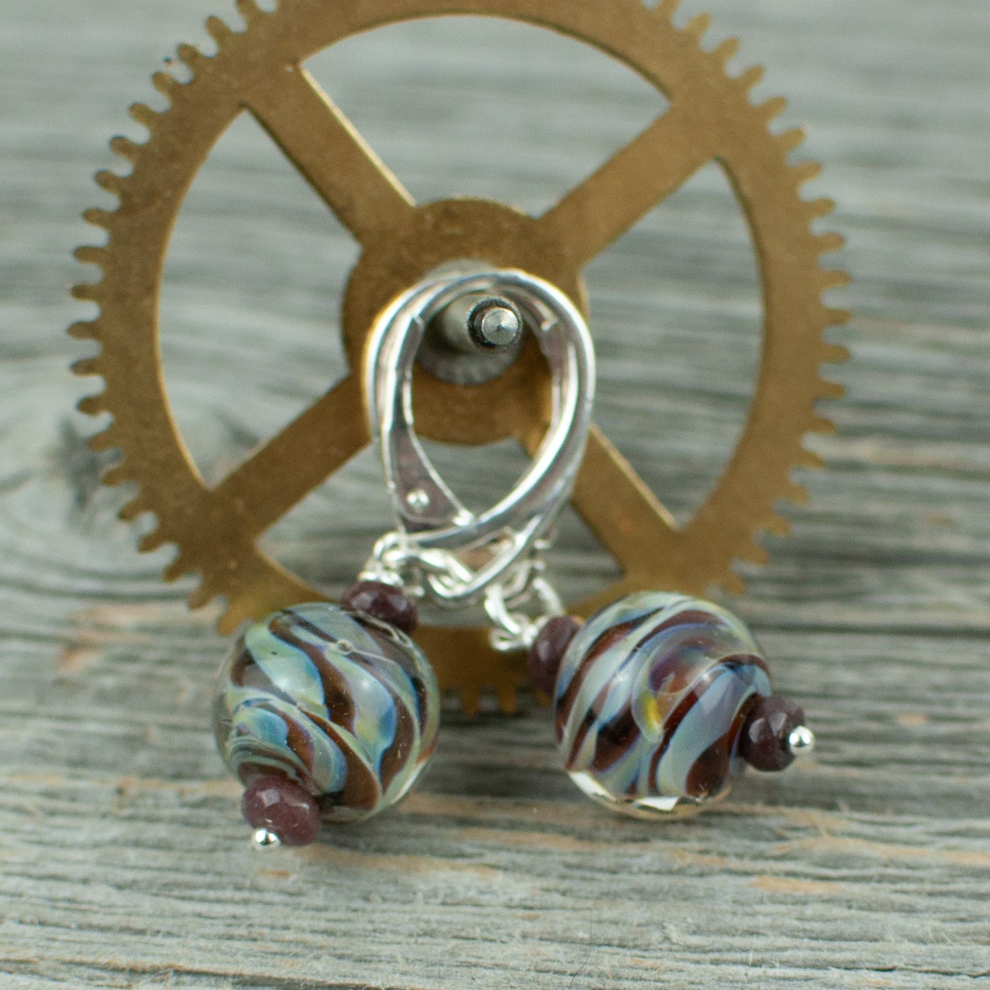 Mahogany striped borosilicate glass and silver earrings