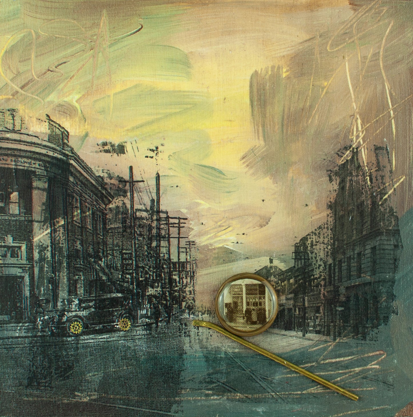 Painting with photo of Broadview and Danforth mixed media - Lisa Young Design