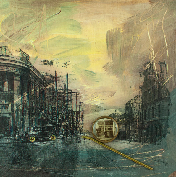 Painting with photo of Broadview and Danforth mixed media