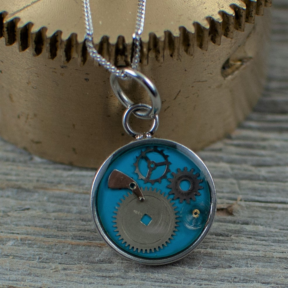 Blue Micro watch gear Necklace