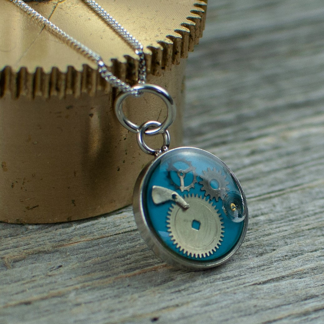 Blue Micro watch gear Necklace