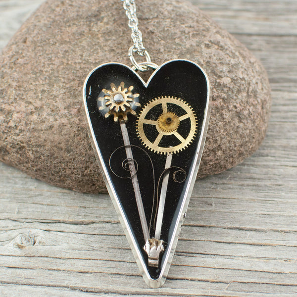 Flower Watch gear heart Necklace