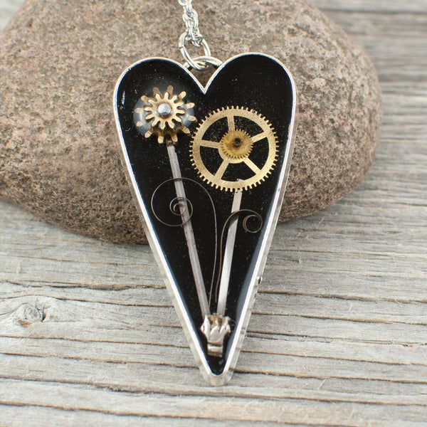 Flower Watch gear heart Necklace