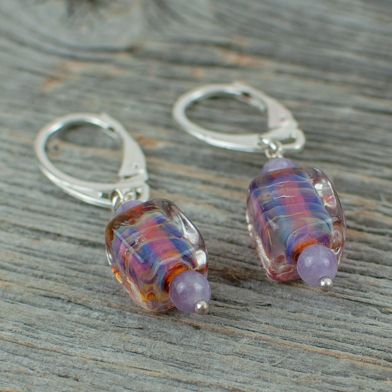 Lavender borosilicate cube earrings