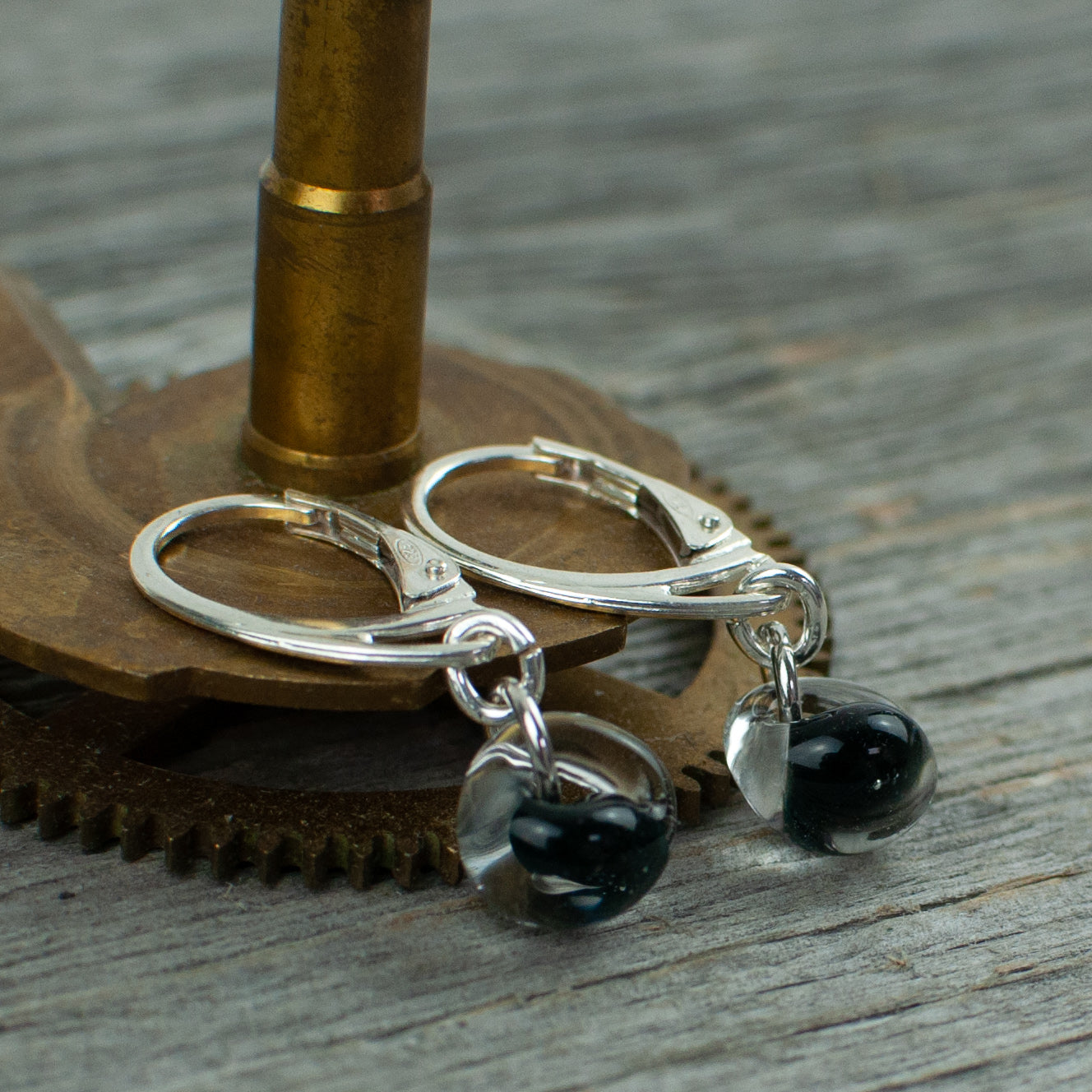 Black borosilicate glass teardrop and silver earrings