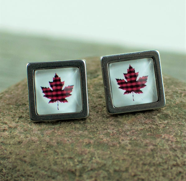 Plaid Maple leaf square stud earrings