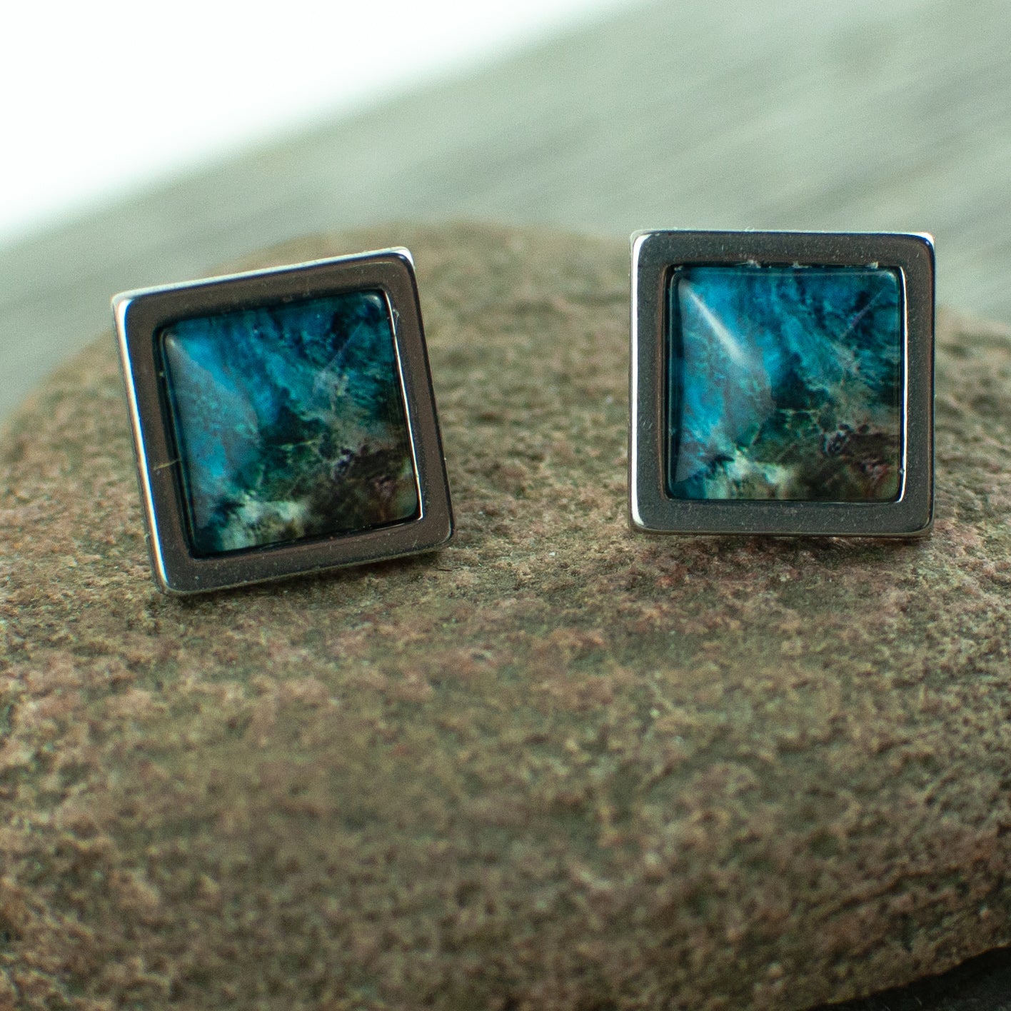 Blue water and shore square stud earrings