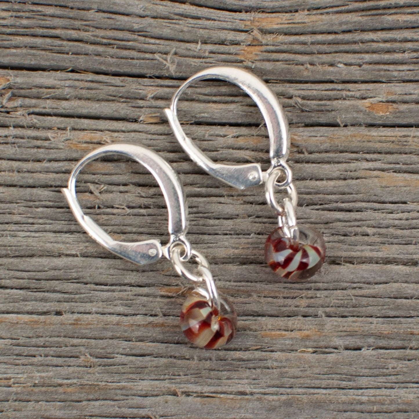 Mini red striped borosilicate glass teardrop and silver earrings - Lisa Young Design