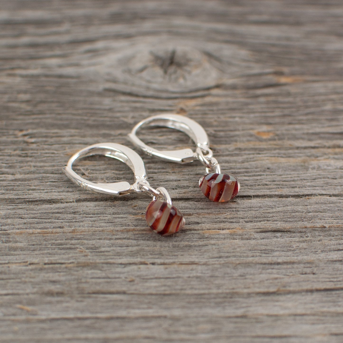Mini red striped borosilicate glass teardrop and silver earrings - Lisa Young Design