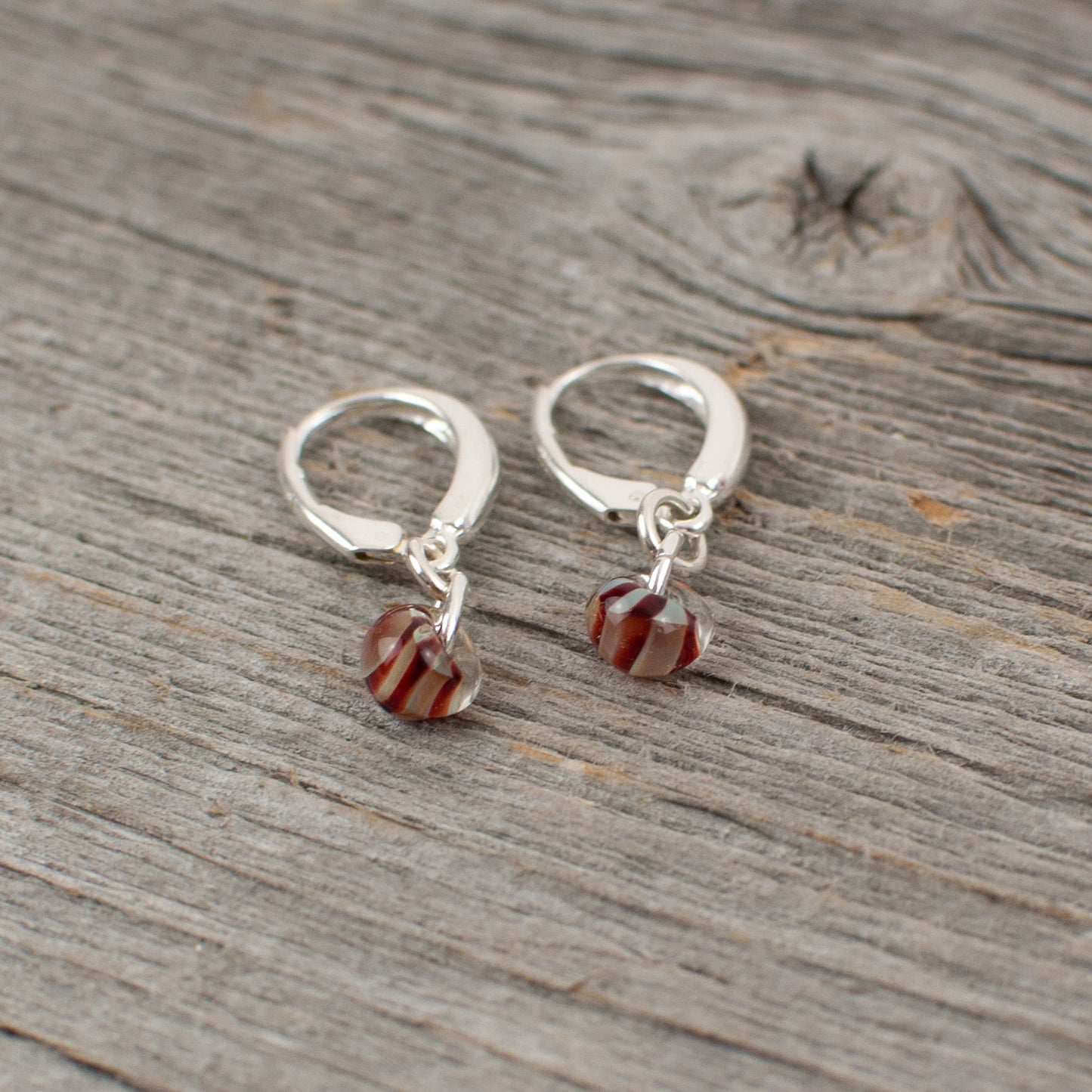 Mini red striped borosilicate glass teardrop and silver earrings - Lisa Young Design