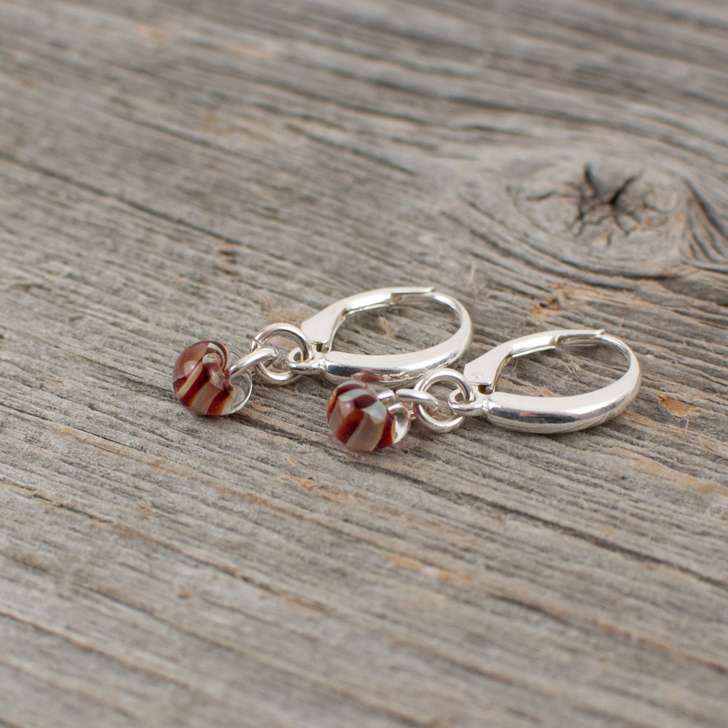 Mini red striped borosilicate glass teardrop and silver earrings - Lisa Young Design