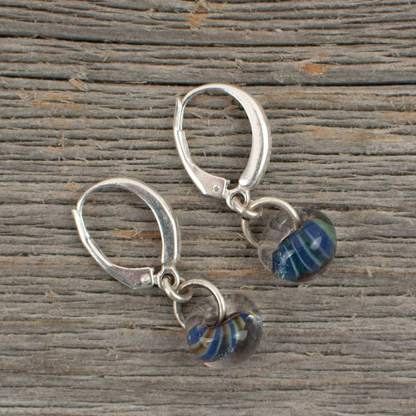 Blue striped borosilicate glass teardrop and silver earrings - Lisa Young Design