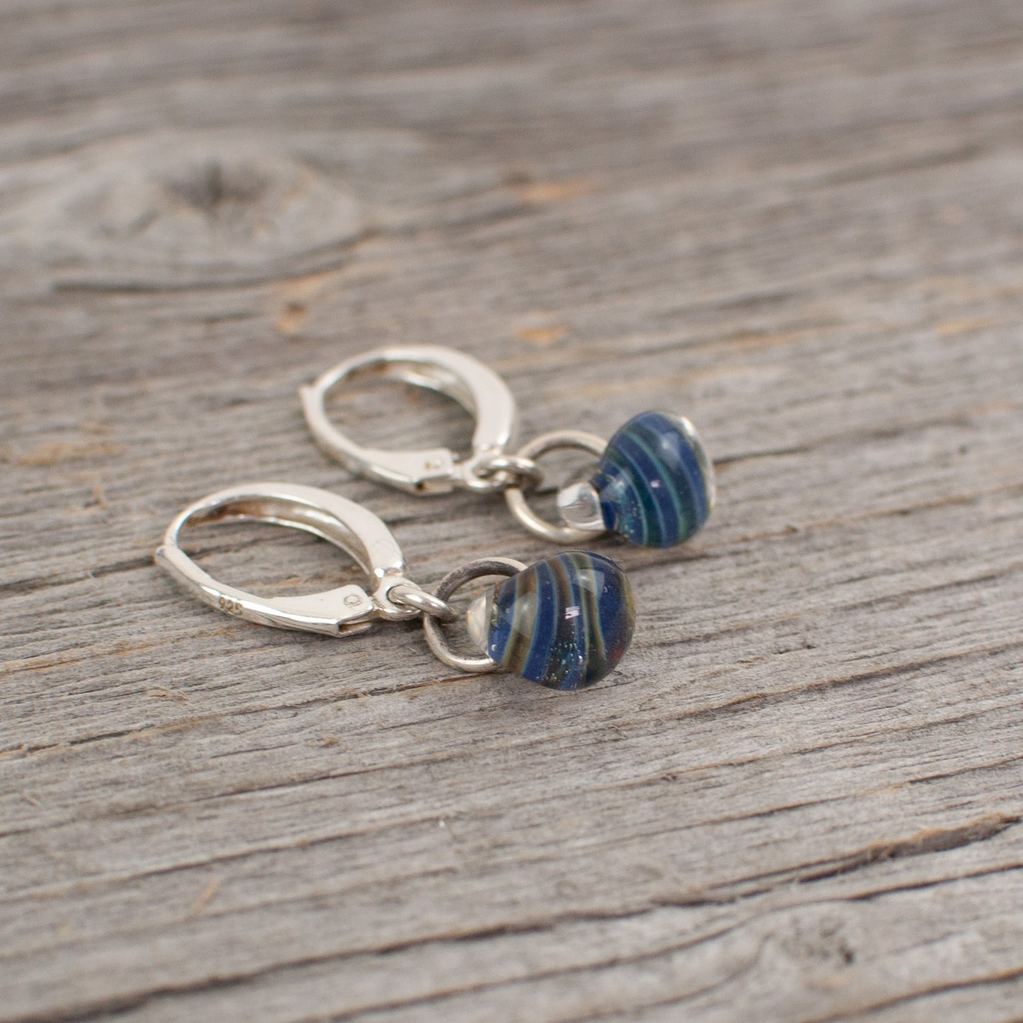 Blue striped borosilicate glass teardrop and silver earrings - Lisa Young Design