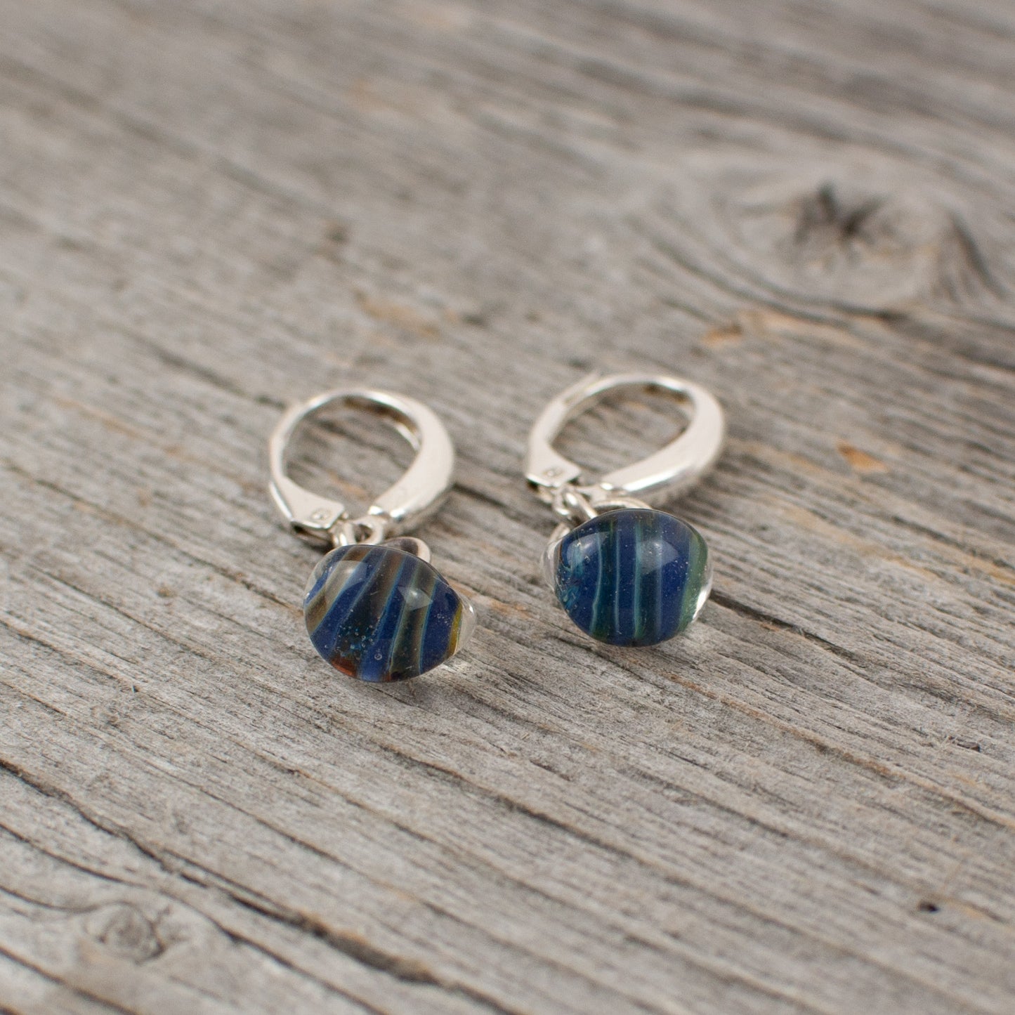 Blue striped borosilicate glass teardrop and silver earrings - Lisa Young Design