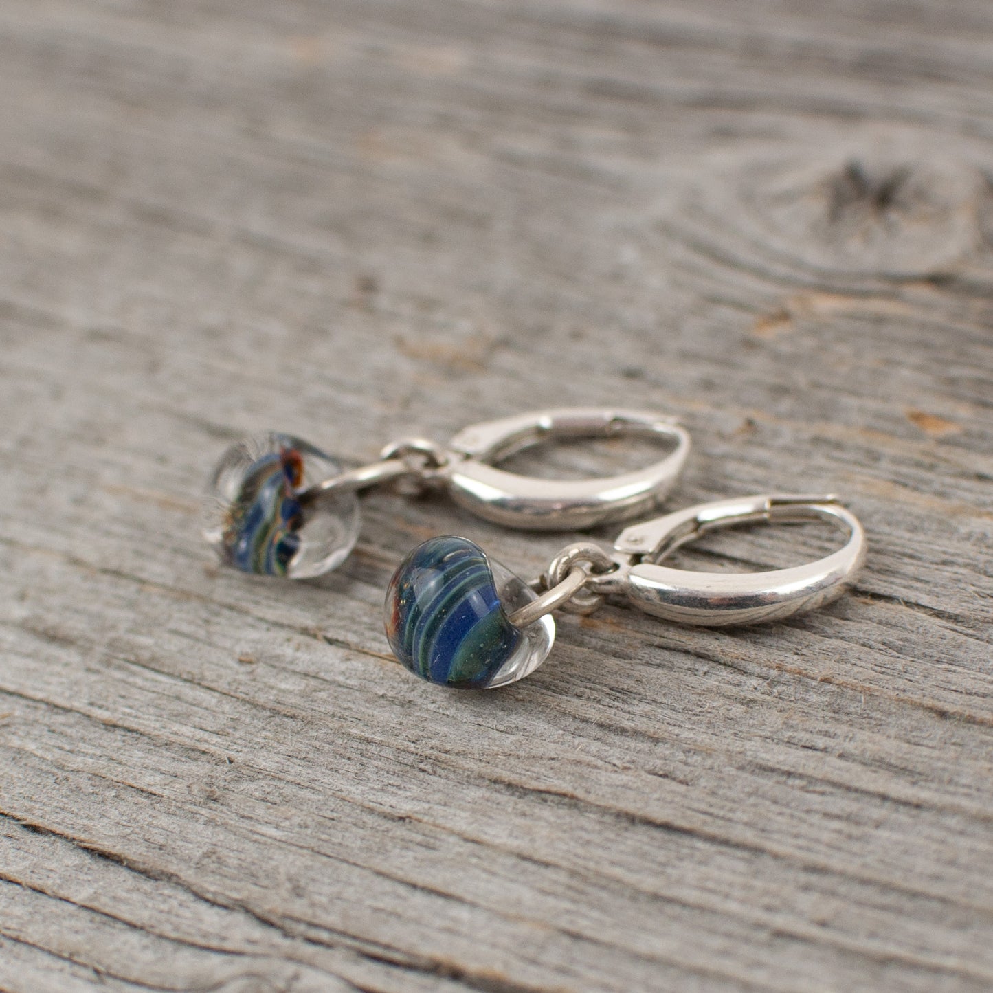 Blue striped borosilicate glass teardrop and silver earrings - Lisa Young Design