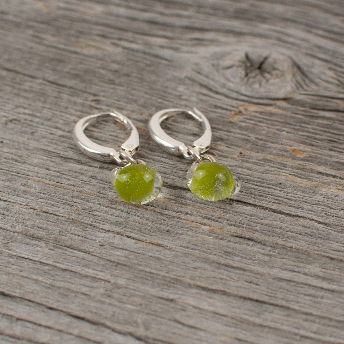 Lime green borosilicate glass teardrop and silver earrings - Lisa Young Design
