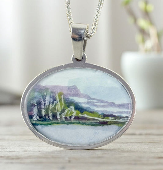 Oval landscape watercolor necklace