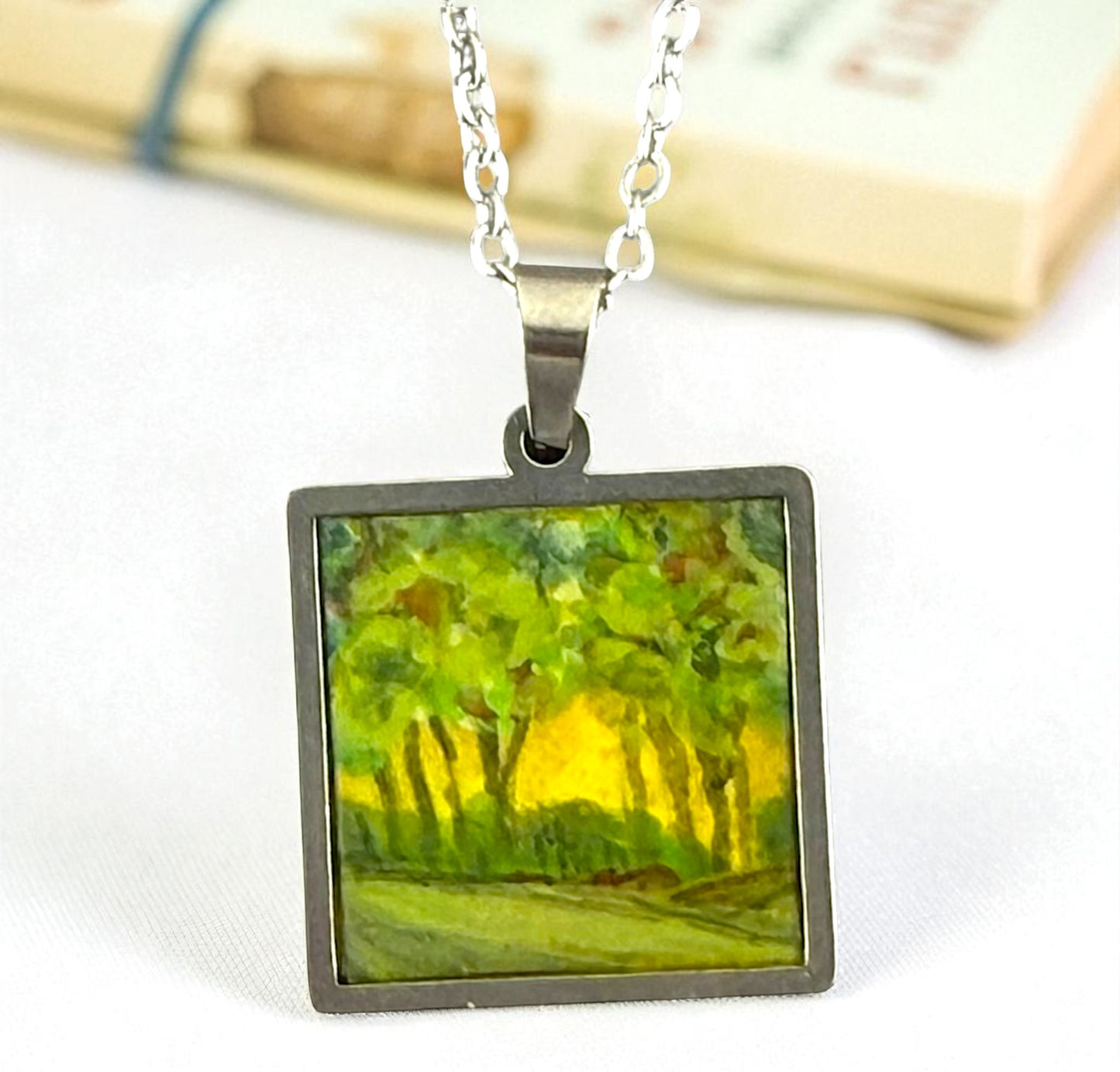 Square Forest painting necklace