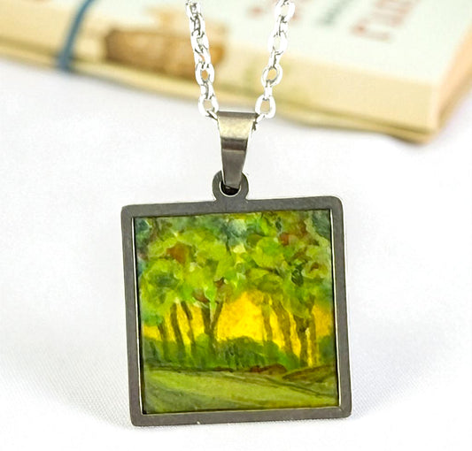 Square Forest painting necklace