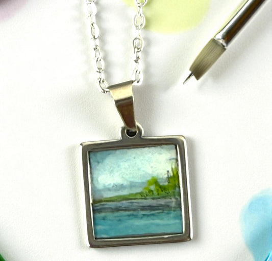 Small square Lake watercolour painting necklace
