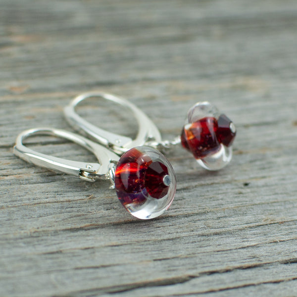 Red borosilicate glass donut and crystal earrings