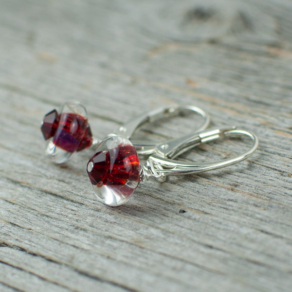Red borosilicate glass donut and crystal earrings