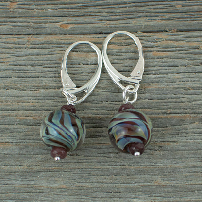 Mahogany striped borosilicate glass and silver earrings