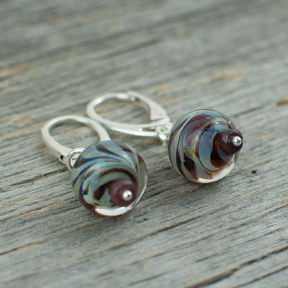 Mahogany striped borosilicate glass and silver earrings
