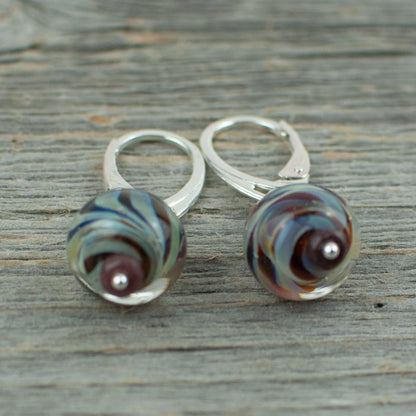 Mahogany striped borosilicate glass and silver earrings
