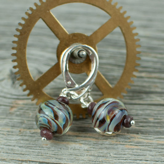 Mahogany striped borosilicate glass and silver earrings