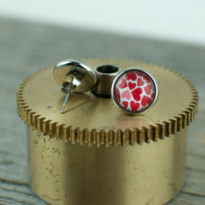 Hearts in Red and pink 10mm stud earrings