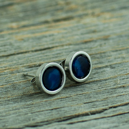 Vintage blue glass with starburst  6mm stainless steel studs