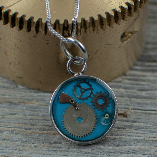 Blue Micro watch gear Necklace