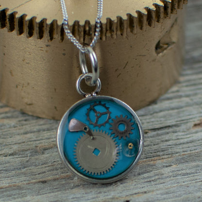 Blue Micro watch gear Necklace