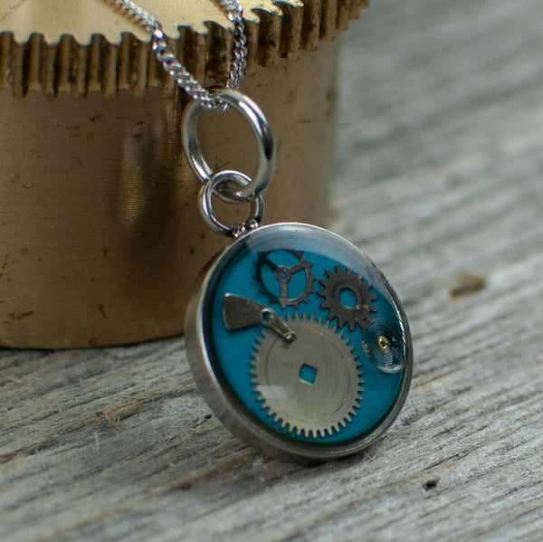 Blue Micro watch gear Necklace