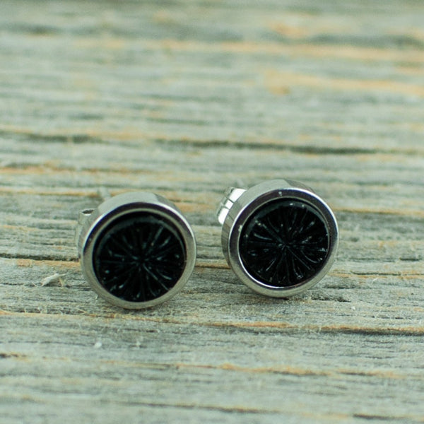 Vintage black glass with starburst  6mm stainless steel studs