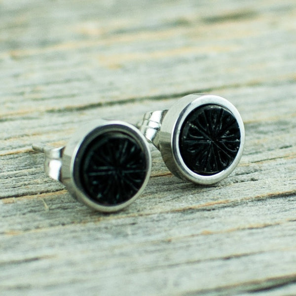 Vintage black glass with starburst  6mm stainless steel studs