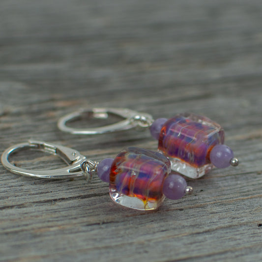 Lavender borosilicate cube earrings