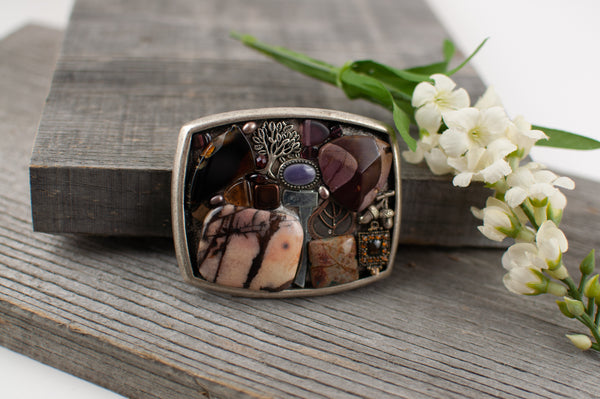 Natural stone tree themed belt buckle on Recycled fire hose strap - Lisa Young Design