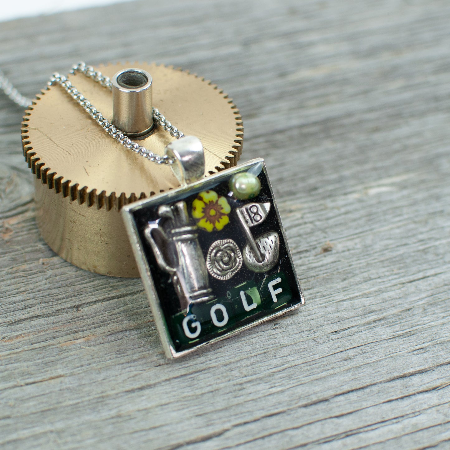 Golf theme necklace - square - Lisa Young Design