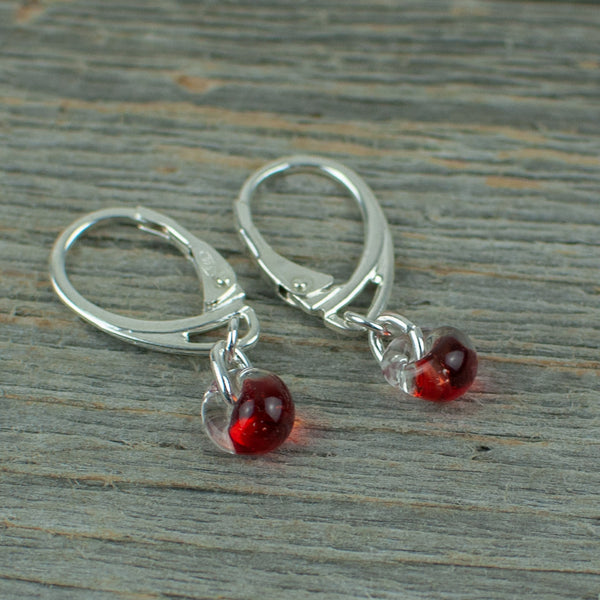 Mini red borosilicate glass teardrop and silver earrings
