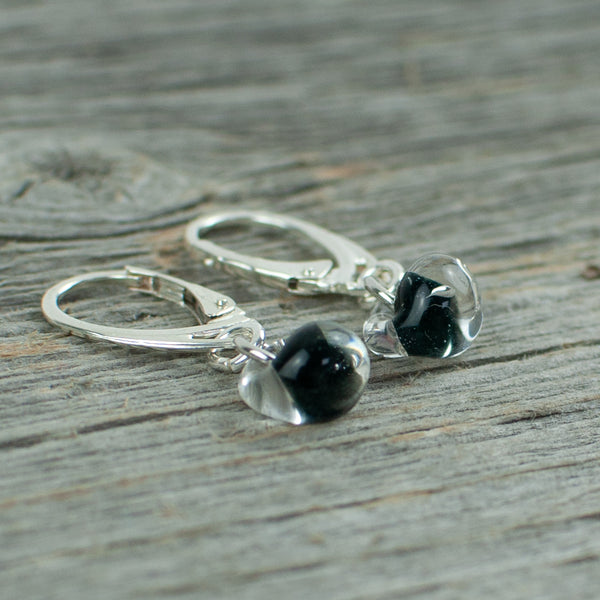 Black borosilicate glass teardrop and silver earrings