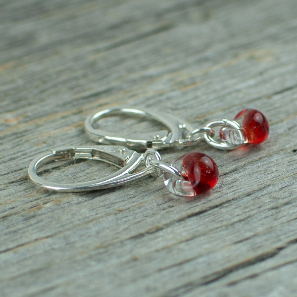 Mini red borosilicate glass teardrop and silver earrings