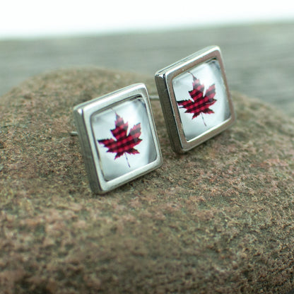 Plaid Maple leaf square stud earrings - Lisa Young Design