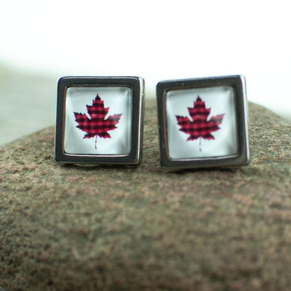 Plaid Maple leaf square stud earrings - Lisa Young Design
