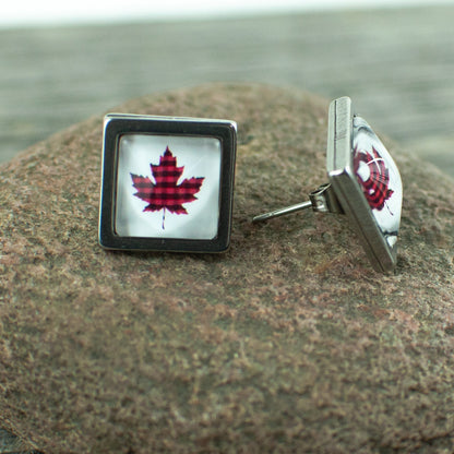Plaid Maple leaf square stud earrings - Lisa Young Design